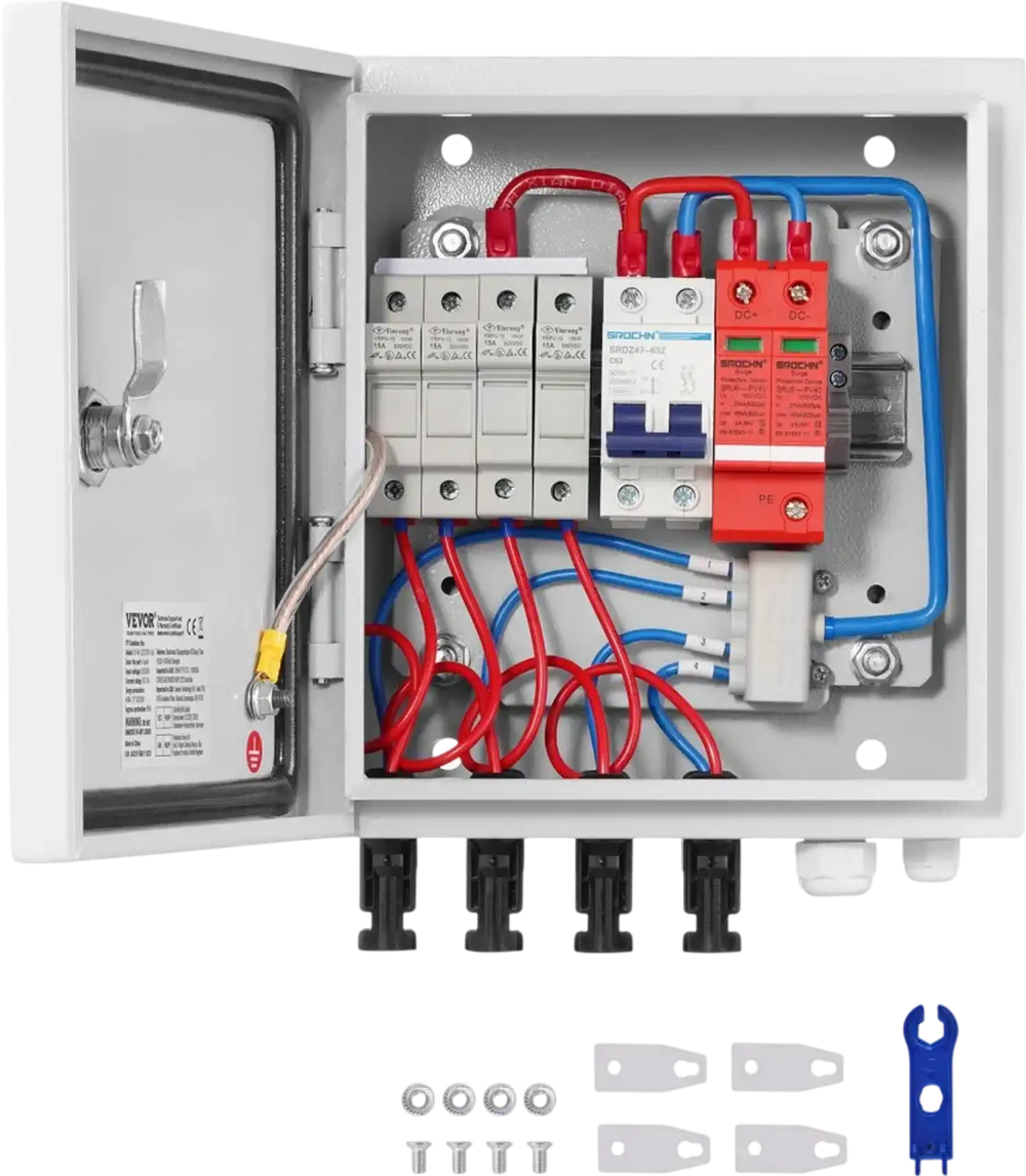 VEVOR PV Combiner Box, 4 String, Solar Combiner Box with 15A Rated Current Fuse 63A Circuit Breaker Lightning Arrester and Solar Connector, Steel Case for On / Off Grid Solar Panel System, IP65