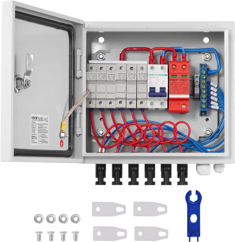 VEVOR PV Combiner Box, 6 String, Solar Combiner Box with 10A Rated Current Fuse 63A Circuit Breaker Lightning Arrester and Solar Connector, Steel Case for On / Off Grid Solar Panel System, IP65