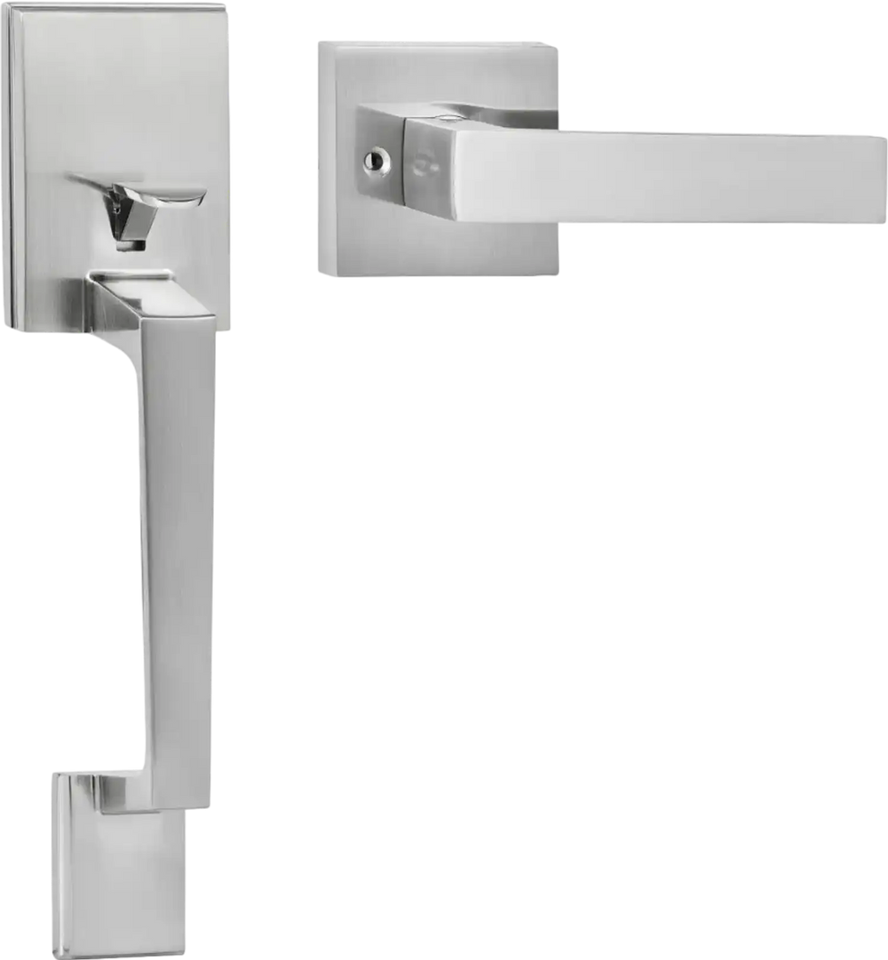 VEVOR Front Door Handle, Satin Nickel Square Handle Set with Lever Door Handle No Lock, Adjustable Hole Space, Entry Door Handle with Reversible for Right and Left Handed Entrance and Front Door