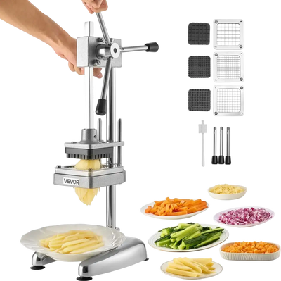 VEVOR Commercial French Fry Cutter, Stainless Steel Vegetable Fruit Chopper with 3 Replacement Blades 1/2-Inch 3/8-Inch 1/4-Inch, Manual Potato Slicer Dicer for Restaurants & Home Kitchen