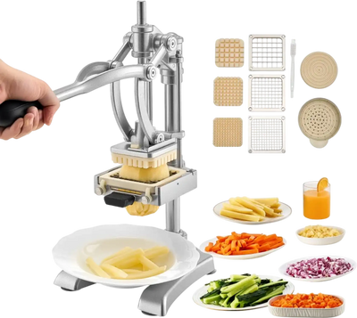 VEVOR Commercial French Fry Cutter, Stainless Steel Vegetable Fruit Chopper with 3 Replacement Blades 1/2-Inch 3/8-Inch 1/4-Inch, and a Juicing Blade, Manual Potato Slicer Dicer for Restaurants & Home