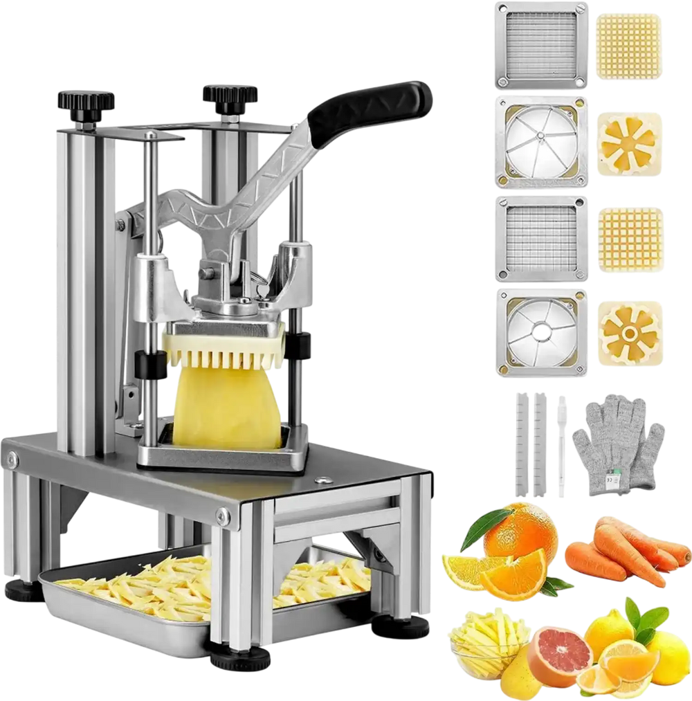 VEVOR Commercial French Fry Cutter with 4 Replacement Blades, 1/4″ & 3/8″ Blade Easy Dicer Chopper, 6-wedge Slicer & 6-wedge Apple Corer, Lemon Potato Cutter for French Fries with Tray and Handle