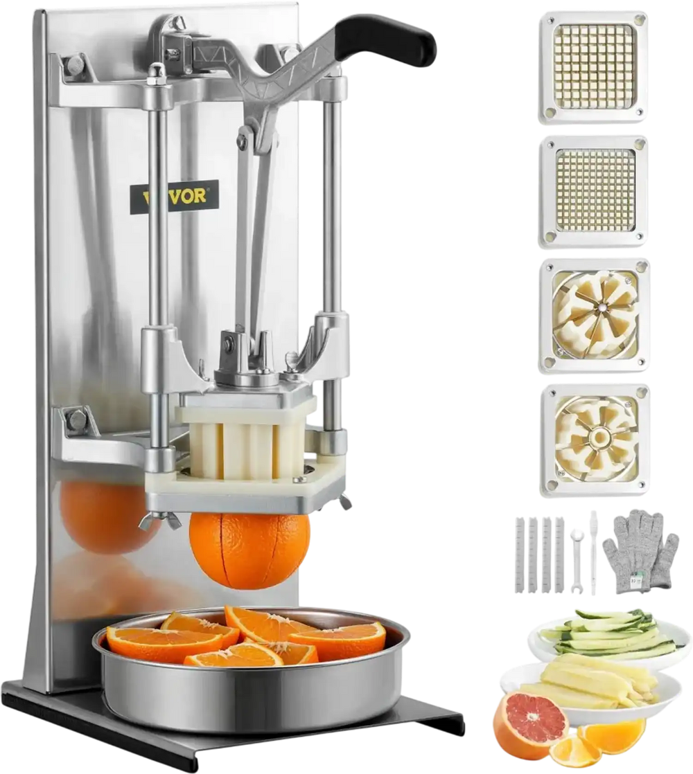 VEVOR Commercial French Fry Cutter with 4 Replacement Blades, 1/4″ and 3/8″ Blade Easy Dicer Chopper, 6-wedge Slicer and 6-wedge Apple Corer, Lemon Potato Cutter for French Fries with Extended Handle