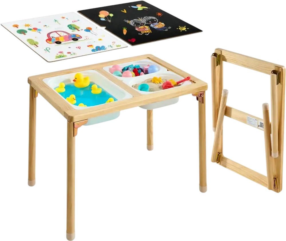 VEVOR Sensory Table for Toddlers, Foldable Wooden Kids Activity Table with Double-Sided Board, Storage Bins, and Non-Slip Feet, for Boys and Girls Playing Sand and Water, Drawing, Studying, Dining