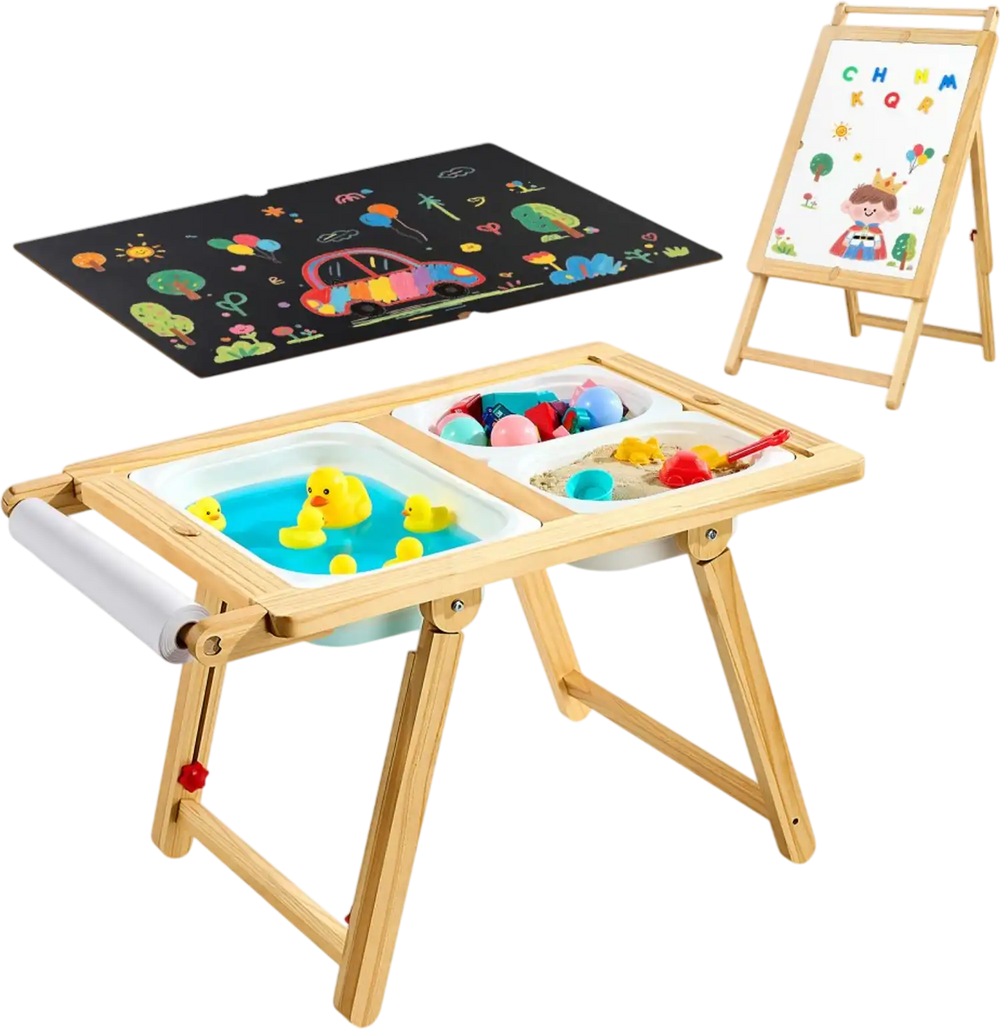 VEVOR Sensory Table for Toddlers, Wooden Kids Activity Table and Art Easel with Reversible Double-Sided Board, Storage Bins, for Boys and Girls Playing Sand and Water, Drawing, Studying, Dining