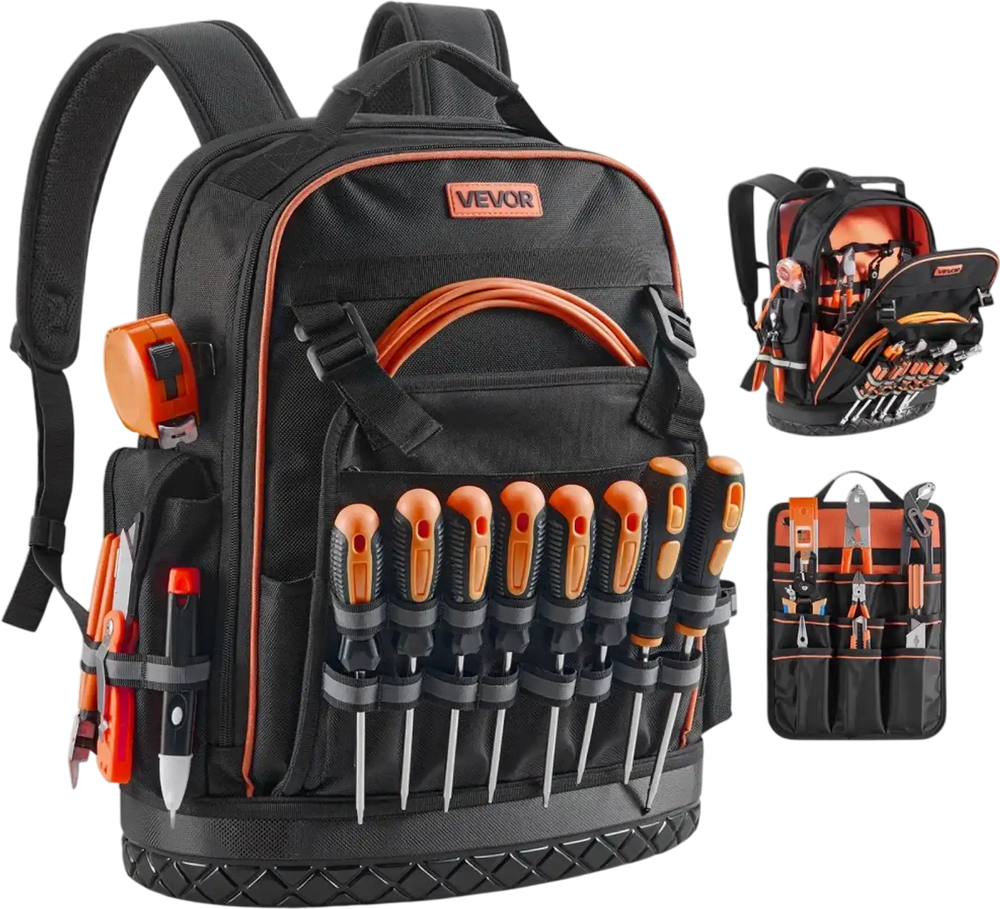 VEVOR Tool Backpack, 64 Pockets, Heavy-duty Tools Storage Organizer Work Bags with Laptop Compartment & Molded Base, Electrician Jobsite Backpack for Electrician, Repairman, and HVAC Techs