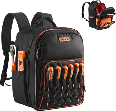 VEVOR Tool Backpack, 49 Pockets, Heavy-duty Tools Storage Organizer Work Bags with Laptop Compartment & Reinforced Fabric Base, Electrician Jobsite Backpack for Electrician, Repairman