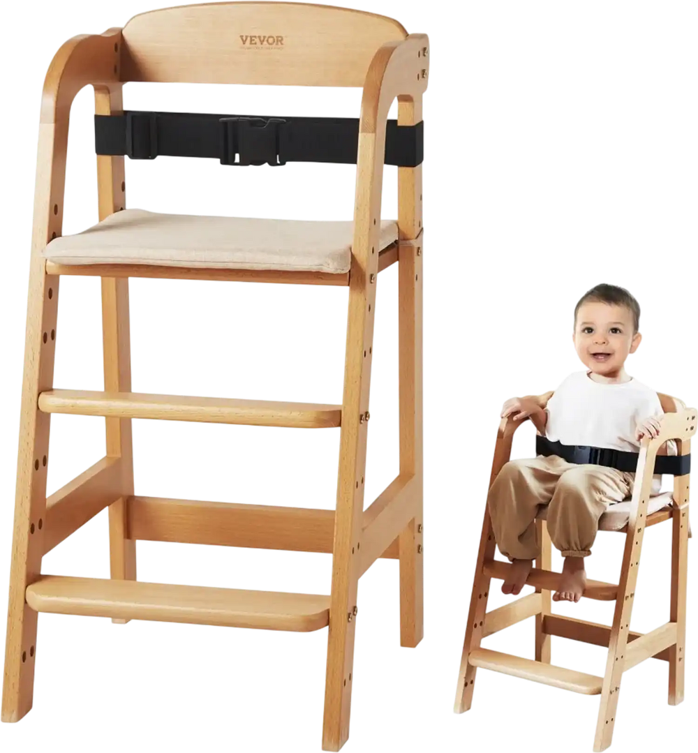VEVOR Wooden High Chair for Babies & Toddlers, Convertible Adjustable Feeding Chair, Eat & Grow High Chair with Seat Cushion, Portable Baby Dining Booster Seat, Beech Wood Toddler Chair, Natural