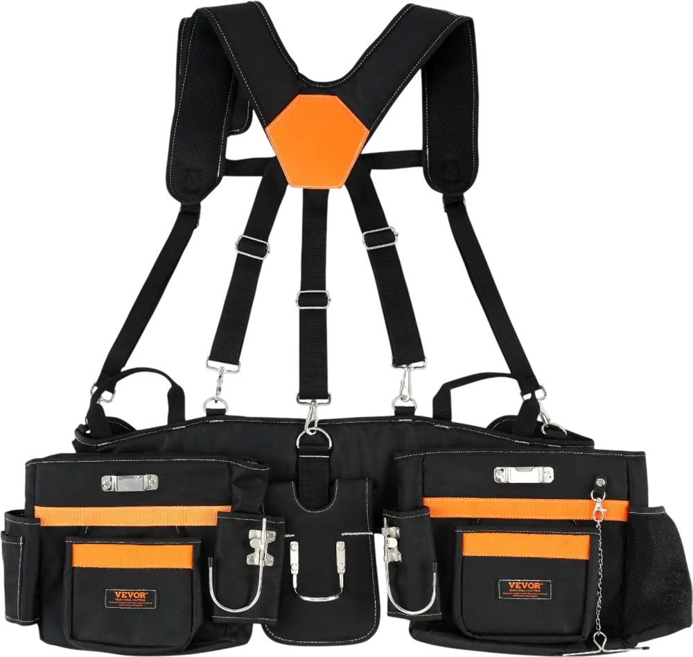 VEVOR Tool Belt with Suspenders, 29 Pockets, 29-54 inches Adjustable Waist Size, Tool Belts for Men, 600D Polyester Heavy Duty Carpenter Tool Pouch for Carpenters, Electricians, and Gardening, Black