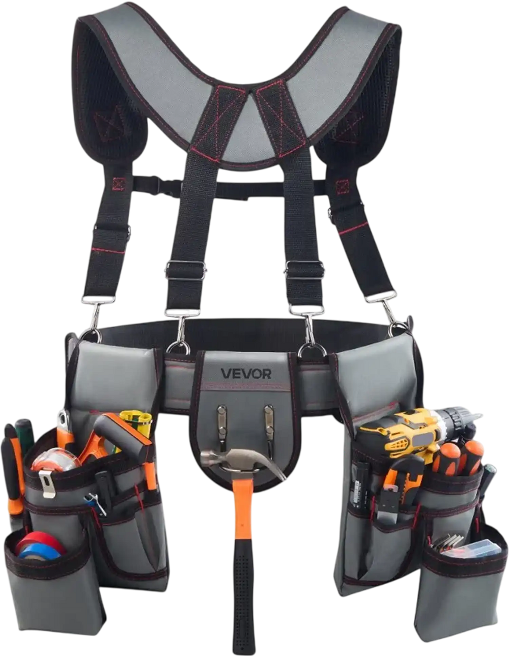 VEVOR Tool Belt, 22 Pockets Tool Pouch with Suspenders for Men, Heavy Duty Adjustable Utility Belt Bag Suspenders for Electrician, Carpenter, Construction, Work Apron Organizer Waist Adjust 32 to 68in