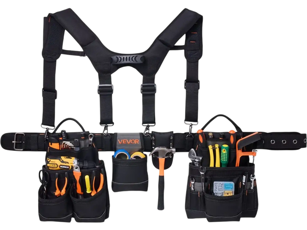VEVOR Tool Belt, 19 Pockets Tool Pouch with Suspenders for Men, Heavy Duty Adjustable Utility Belt Work Bag Detachable Suspension Rig for Electrician, Carpenter, Construction, Adjust Waist 31 to 51in