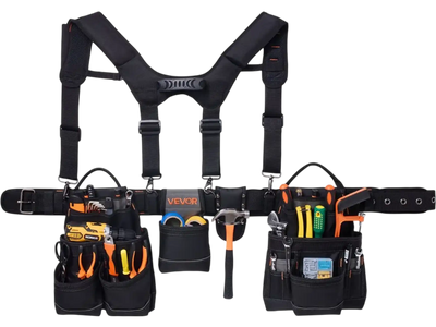VEVOR Tool Belt, 19 Pockets Tool Pouch with Suspenders for Men, Heavy Duty Adjustable Utility Belt Work Bag Detachable Suspension Rig for Electrician, Carpenter, Construction, Adjust Waist 31 to 51in
