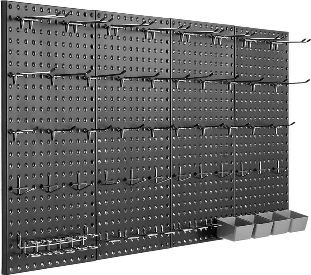 VEVOR Metal Pegboard Panels, 24" x 12" Pegboard, 4 Panels, Heavy Duty Peg Board Wall Organizer with Accessories, for Living Room Garage Tool Storage Office Organization Craft Room Kitchen Home, Black