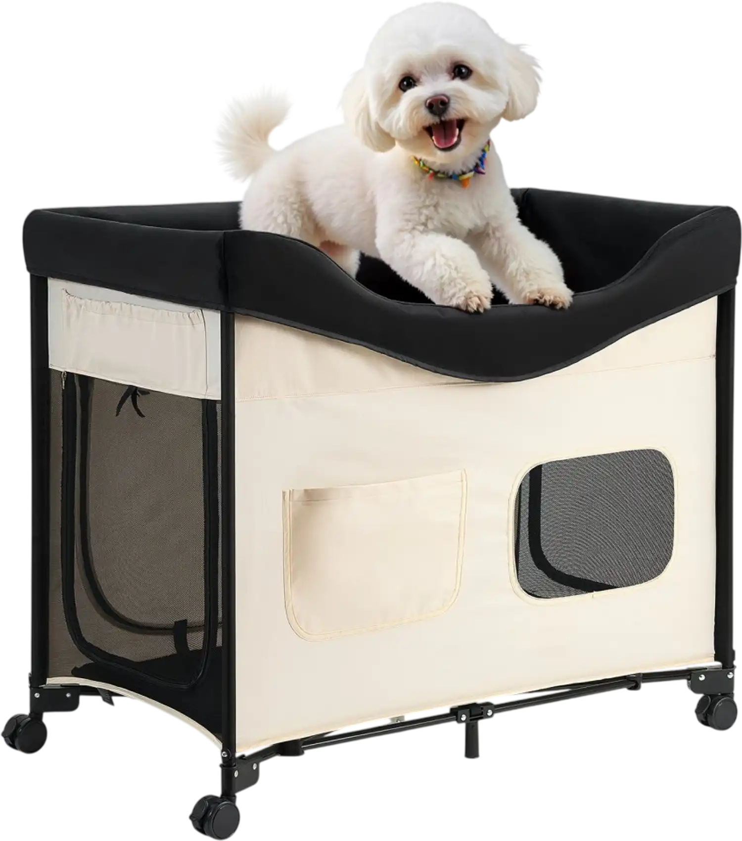 Vevor Elevated Dog Bed Foldable Bunk Pet Bed with Wheels Side Bags XL Beige New