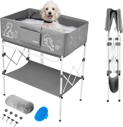 VEVOR Dog Bathtub, Elevated Dog Bath Tub, Collapsible Pet Bathing Grooming Wash Station, Portable Foldable Space-saving, with Built-In Drain Hose for Small and Medium Pet Cat Indoor & Outdoor, Gray
