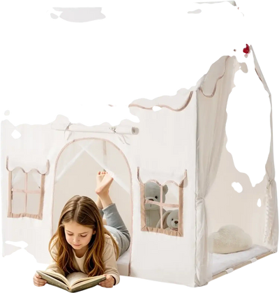 Vevor Kids Play Tent 2-in-1 Wood Frame Toddler Tent with Padded Mat Beige New