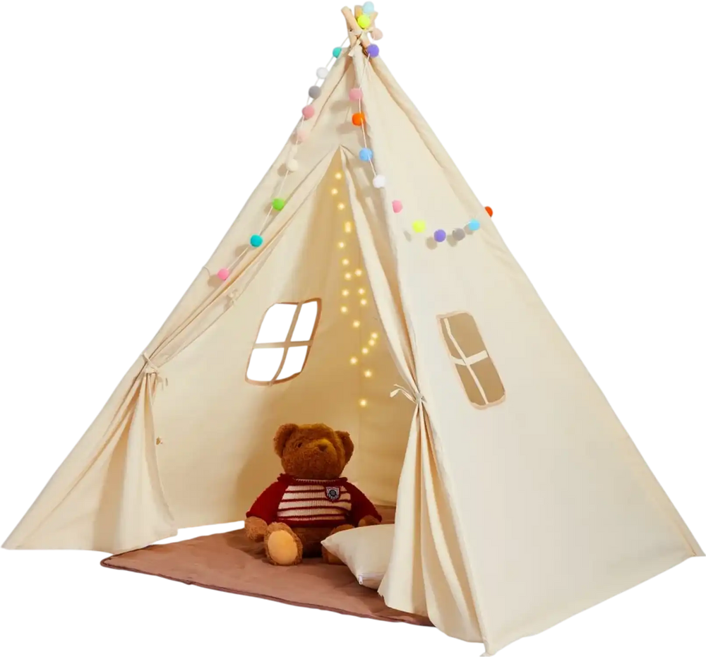 VEVOR Kids Play Tent, Teepee Tent for Kids 1-5 Years Old, Tent for Kids with Windows for Indoor and Outdoor, Toddler Tent with Mat and Plush Decorative Balls, for Boys and Girls, Beige