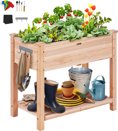 VEVOR Raised Garden Bed, 34 x 18 x 30 in Wooden Planter Box, Elevated Outdoor Planting Boxes with Legs, for Growing Flowers/Vegetables/Herbs in Backyard/Garden/Patio/Balcony, Burlywood