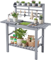 VEVOR Potting Bench Table, Outdoor Gardening Workstation with Sink, 37-55in Adjustable Wood Tabletop, Garden Work Station with Storage Shelves, Hooks for Patio, Backyard, Classic Grey