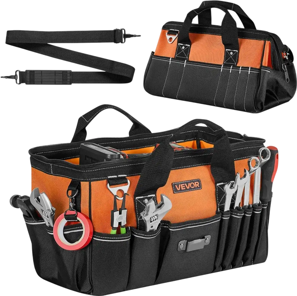 VEVOR Tool Bag, 15.7 Inch, 33-Pocket Portable Tool Box Organizer Storage, Toolbox with Soft Handle, Large Zipper, Adjustable Shoulder Strap, Carrying Toolbag, for Men Women Dad Husband Fathers Day