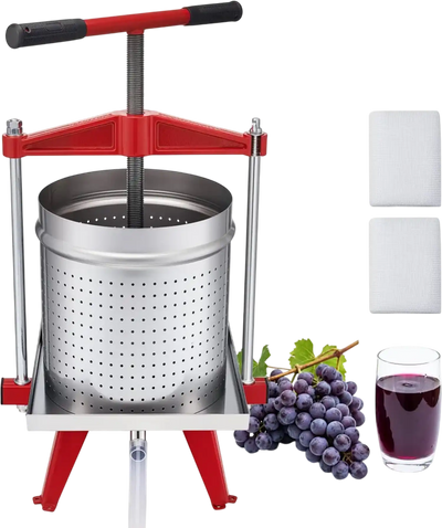 VEVOR Fruit Wine Press, 3.96Gal/15L, Stainless Steel Manual Juice Maker, Heavy Duty T-Shaped Handle & Cross-beam for Cider Apple Grape Vegetable Press, with 2 Filter Bags, for Kitchen Home Brewing