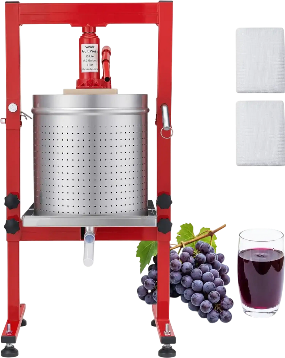 VEVOR Hydraulic Fruit Wine Press, 7.93Gal/30L, Stainless Steel Heavy Duty Manual Juice Maker, Cider Apple Grape Vegetable Crusher, Cheese/Tincture/Herbal Press, with 2 Filter Bags, for Kitchen Home