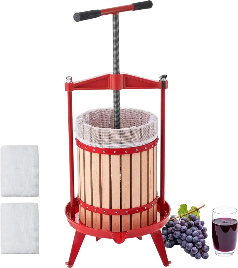 VEVOR Fruit Wine Press, 4.75Gal/18L Manual Juice Maker, Solid Beech Wood Basket, Vintage Traditional Juicer with 2 Filter Bags, Heavy Duty T-Shaped Handle Bar for Cider Apple Grape Press, Kitchen Home