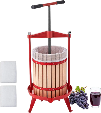 VEVOR Fruit Wine Press, 4.75Gal/18L Manual Juice Maker, Solid Beech Wood Basket, Vintage Traditional Juicer with 2 Filter Bags, Heavy Duty T-Shaped Handle Bar for Cider Apple Grape Press, Kitchen Home