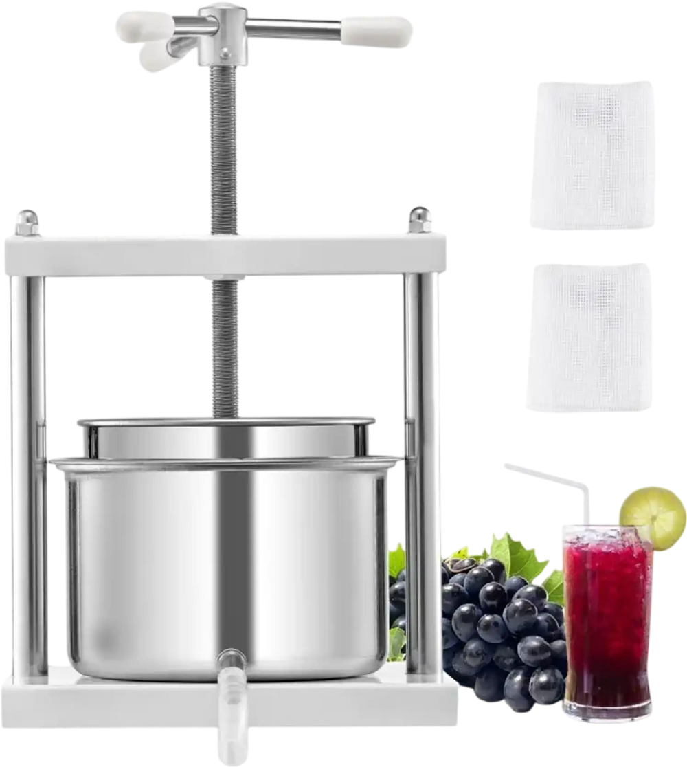 VEVOR 1.45 Gal/5L Fruit Wine Press, 2 Stainless Steel Barrels, Manual Juice Maker, Cider Apple Grape Tincture Honey Olive Oil Making Press with Triangular Handle for Outdoor Kitchen Home