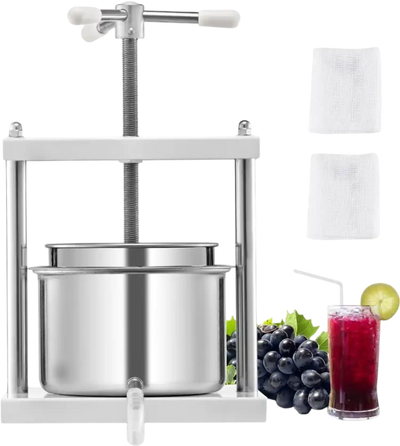 VEVOR 1.45 Gal/5L Fruit Wine Press, 2 Stainless Steel Barrels, Manual Juice Maker, Cider Apple Grape Tincture Honey Olive Oil Making Press with Triangular Handle for Outdoor Kitchen Home