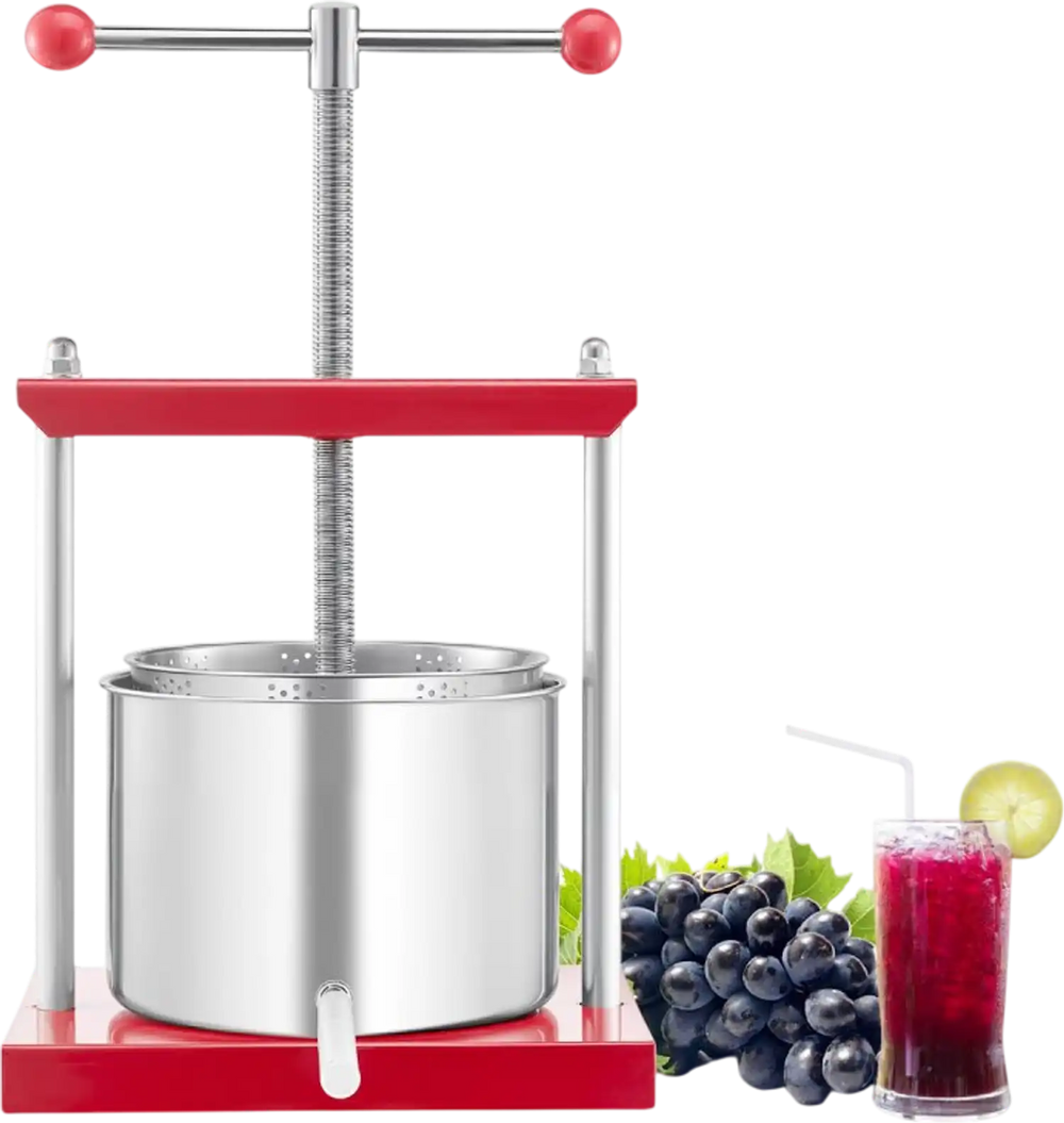 VEVOR 1.6 Gal/6L Fruit Wine Press, 2 Stainless Steel Barrels, Manual Juice Maker, Cider Apple Grape Tincture Honey Olive Oil Making Press with T-Handle for Outdoor Kitchen Home