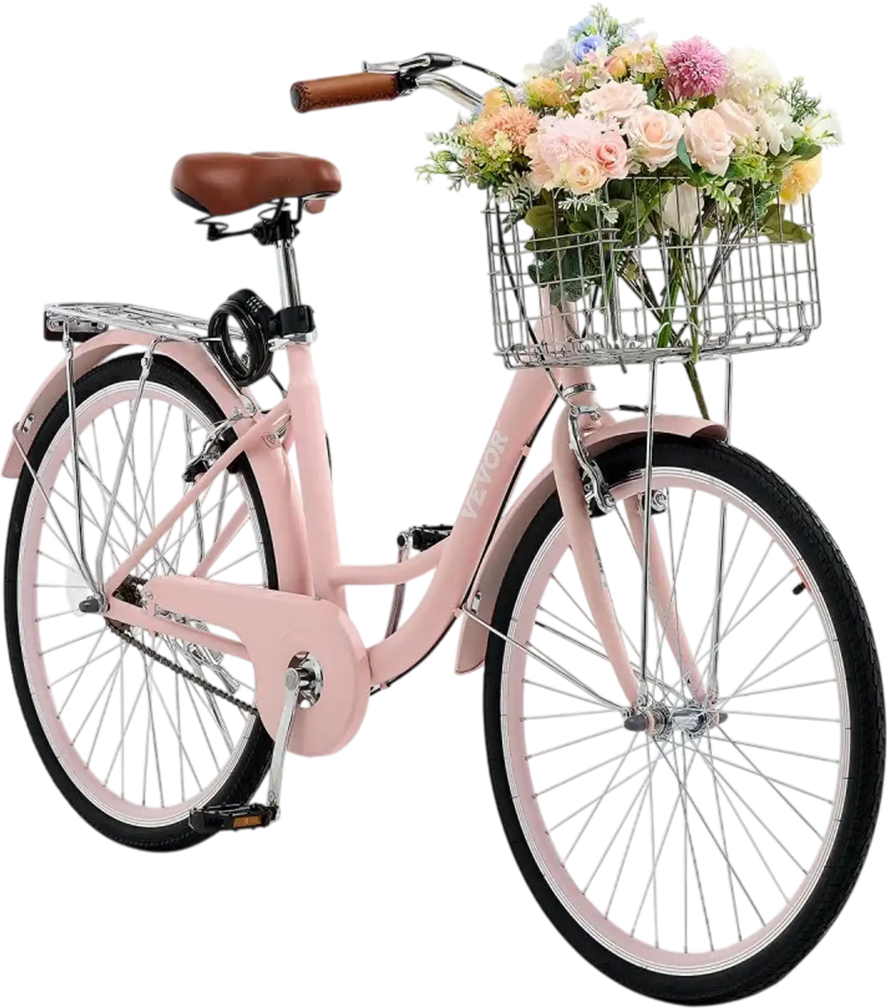 VEVOR Cruiser Bike, 1-Speed, 26-Inch Pink Beach Cruiser Bike with Large Capacity Basket and Rear Rack, Secure & Sturdy Cruiser Bike with Adjustable Seat, Fits for Cycling, Exercise & Shopping