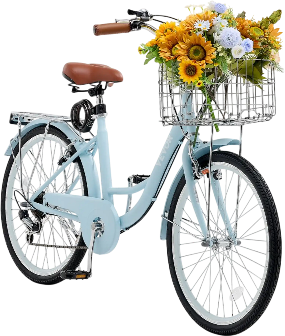 VEVOR Cruiser Bike, 7-Speed, 26-Inch Light Blue Beach Cruiser Bike with Large Capacity Basket and Rear Rack, Secure & Sturdy Cruiser Bike with Adjustable Seat, Fits for Cycling, Exercise & Shopping
