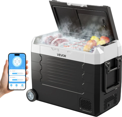VEVOR Car Refrigerator, DC 12/24V AC100-240V Compressor Electric Cooler, -4°F to 68°F Truck Refrigerator with APP Control, Wheels & Dual Zone, 48 QT Cars Cooler for RVs, Boats, Camping, Fishing