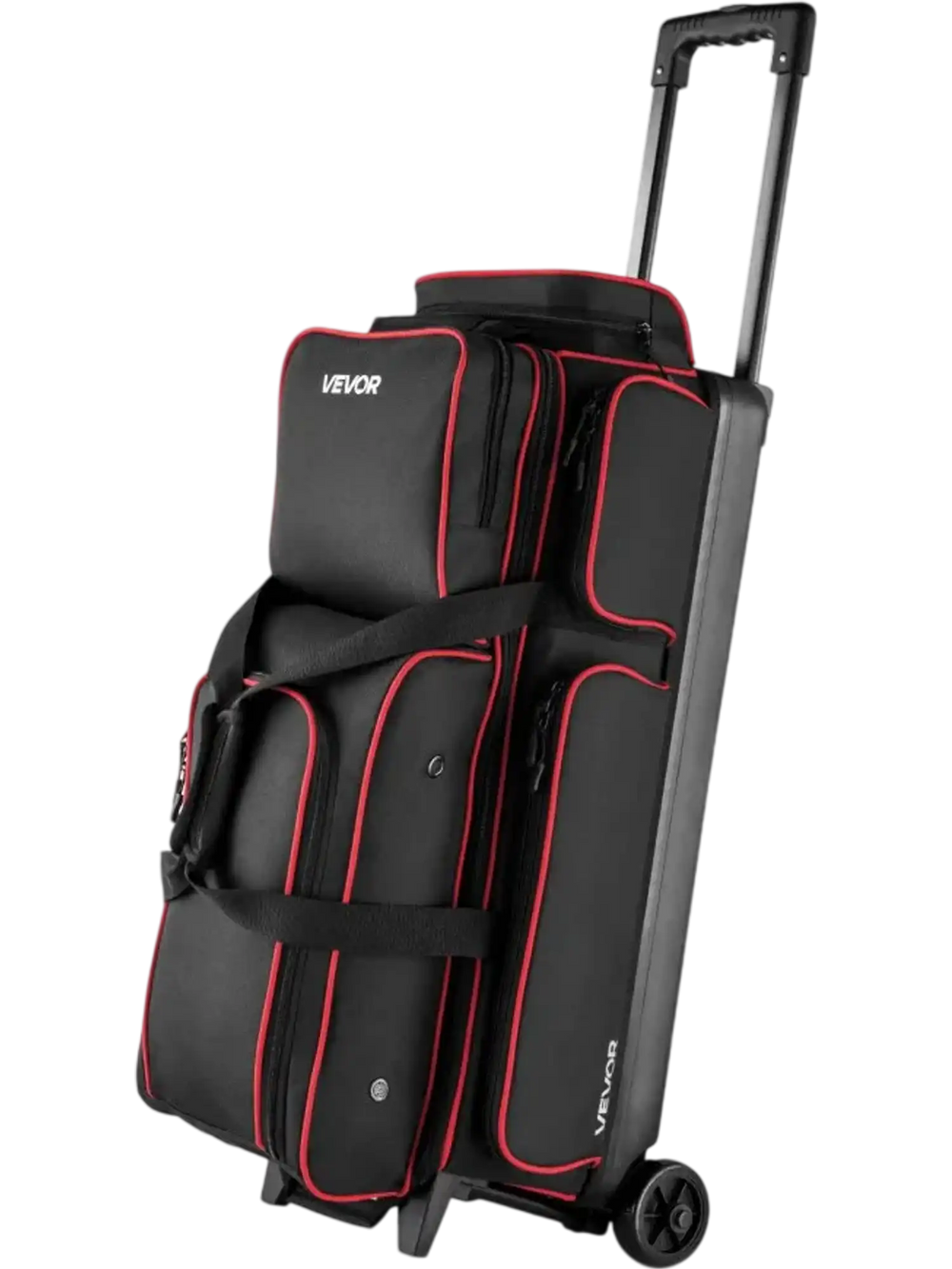 VEVOR Bowling Ball Bag, 3 Ball Double Roller Bowling Bag with Wheels, Featuring a Separate Compartment for Shoes (Up To US Size 16) & Oversized Accessory Pocket, Retractable Handle Extends to 41.34 in