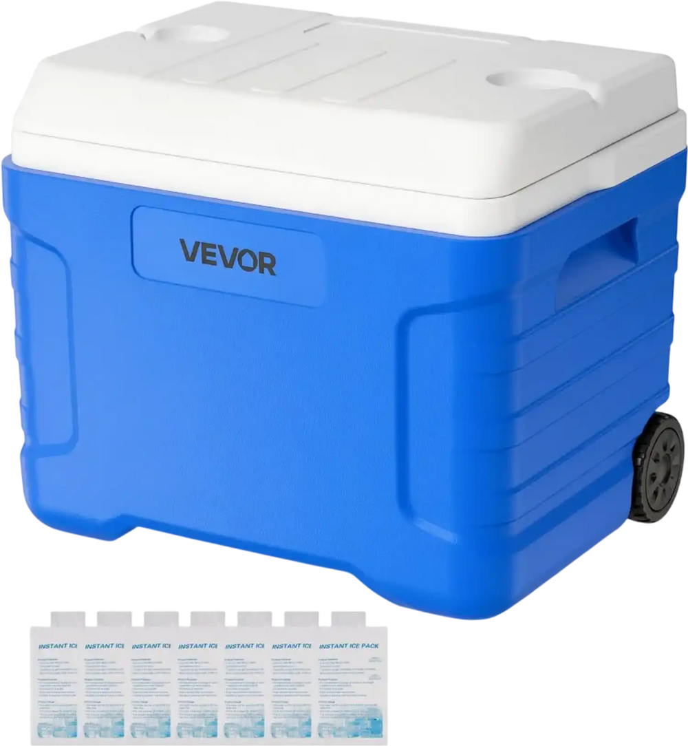 VEVOR Hard Cooler, 45QT Portable Rolling Cooler with Wheels, Leak-Resistant Coolbox Keeps Contents Cool for 48 Hours, Ice Retention Insulated Chests, Ultra-Light for Outdoor Picnics, Grill, Camping
