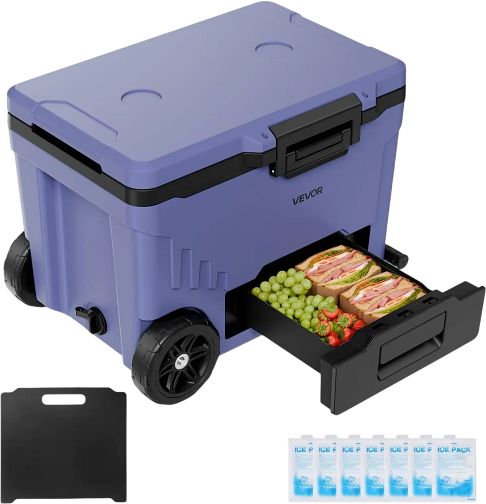 VEVOR Hard Cooler, 45QT Portable Rolling Cooler with Wheels, Leak-Resistant Coolbox Keeps Contents Cool for 48 Hours, Ice Retention Insulated Chests, Ultra-Light for Outdoor Picnics, Grill, Camping