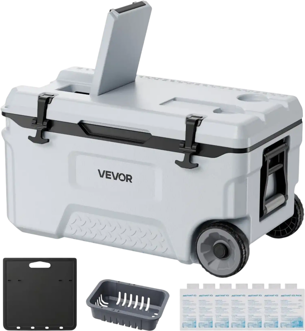 VEVOR Hard Cooler, 52QT Portable Rolling Cooler with Wheels, Leak-Resistant Coolbox Keeps Contents Cool for 48 Hours, Ice Retention Insulated Chests, Ultra-Light for Outdoor Picnics, Grill, Camping