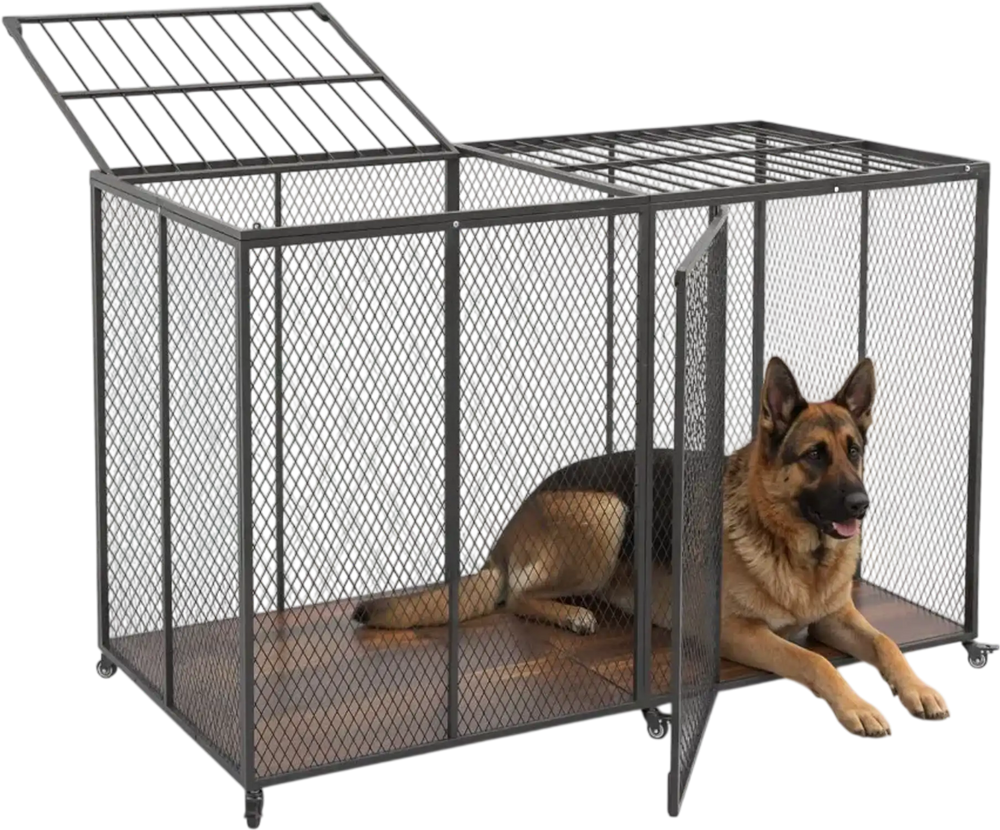 VEVOR 64 Inch Heavy Duty Dog Crate, Max Load Capacity 300 lbs, Indestructible Escape-Proof Dog Kennel Indoor for High Anxiety Large Breeds, Steel Metal Pet Cage with Double Doors & Lockable Wheels