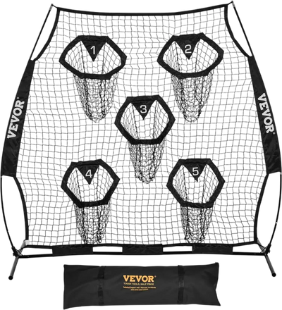 VEVOR 6 x 6 ft Football Trainer Throwing Net, Training Throwing Target Practice Net with 5 Target Pockets, Knotless Net Includes Straps and Portable Carry Case, Improve QB Throwing Accuracy, Black