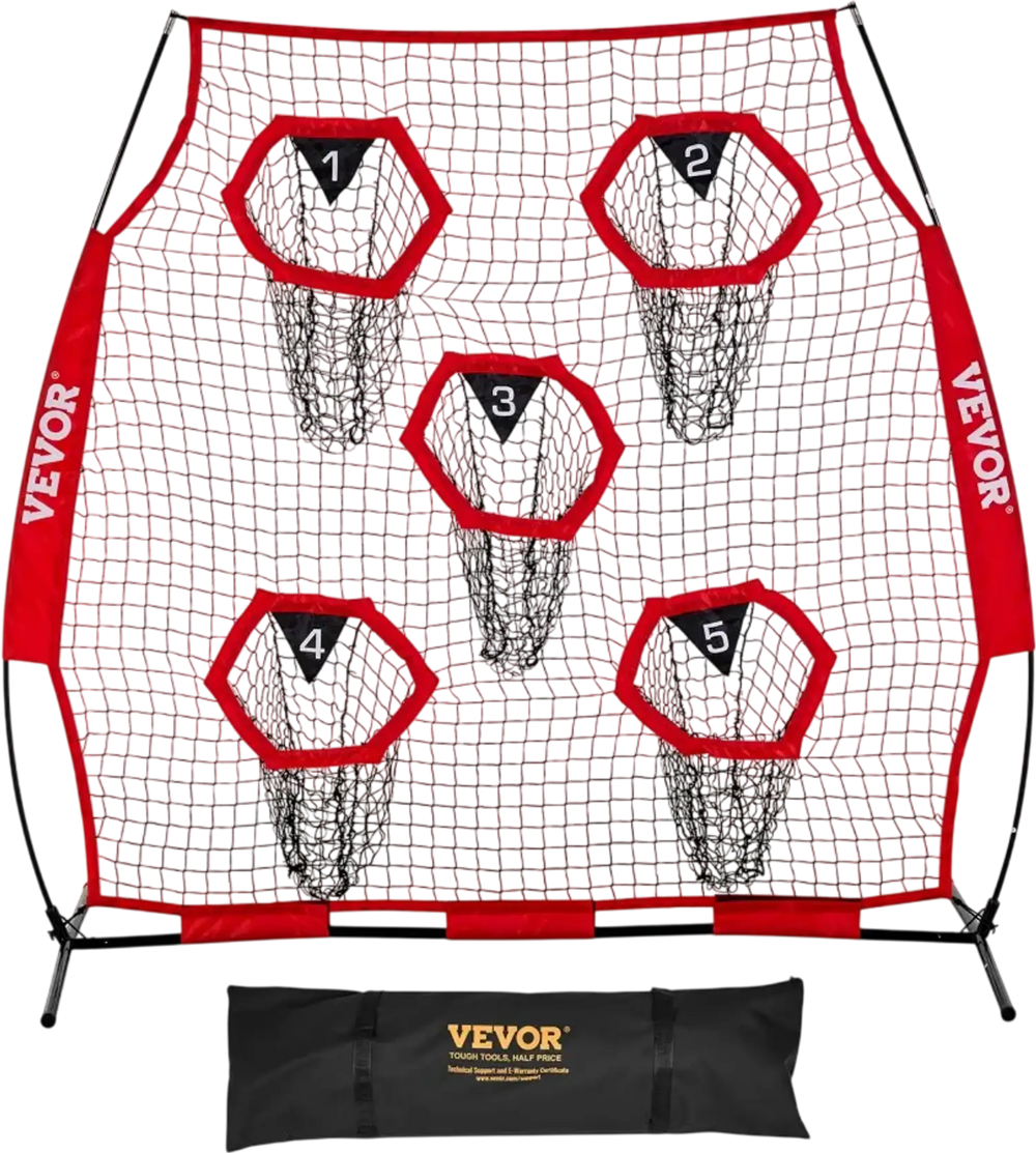 VEVOR 6 x 6 ft Football Trainer Throwing Net, Training Throwing Target Practice Net with 5 Target Pockets, Knotless Net Includes Straps and Portable Carry Case, Improve QB Throwing Accuracy, Red