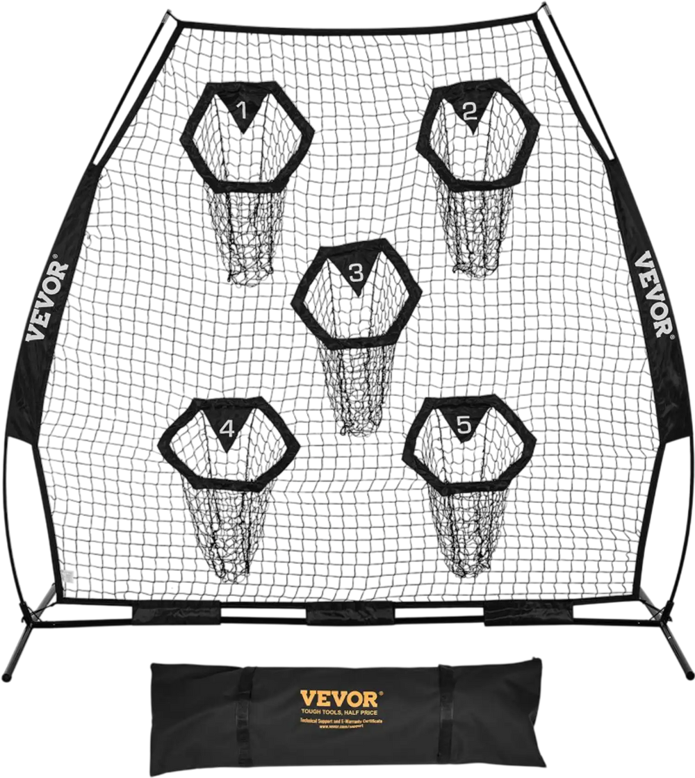 VEVOR 7 x 7 ft Football Trainer Throwing Net, Training Throwing Target Practice Net with 5 Target Pockets, Knotless Net Includes Straps and Portable Carry Case, Improve QB Throwing Accuracy, Black