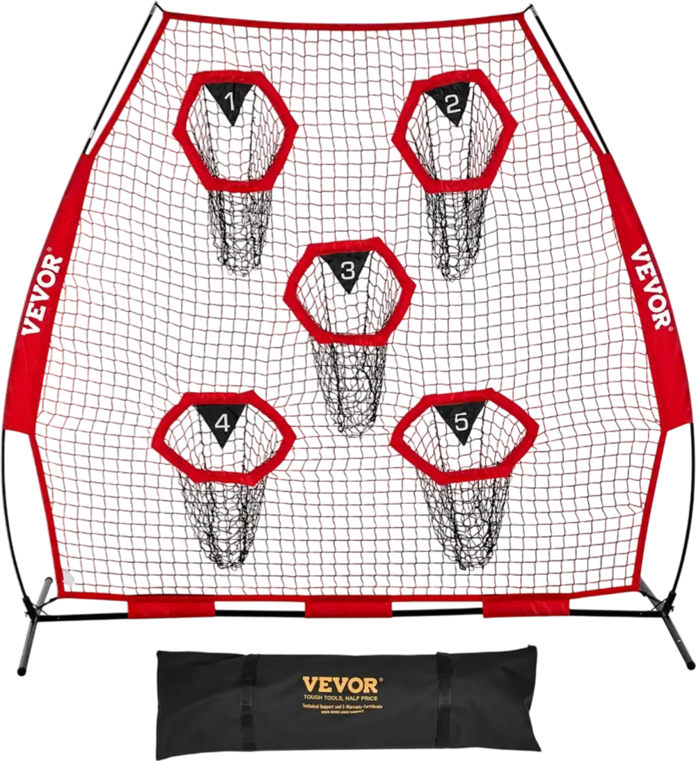 VEVOR 7 x 7 ft Football Trainer Throwing Net, Training Throwing Target Practice Net with 5 Target Pockets, Knotless Net Includes Straps and Portable Carry Case, Improve QB Throwing Accuracy, Red