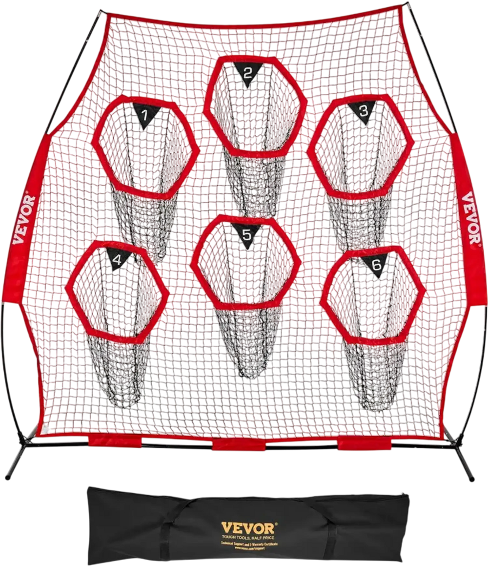 VEVOR 8 x 8 ft Football Trainer Throwing Net, Training Throwing Target Practice Net with 6 Target Pockets, Knotless Net Includes Straps and Portable Carry Case, Improve QB Throwing Accuracy, Red