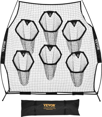 VEVOR 8 x 8 ft Football Trainer Throwing Net, Training Throwing Target Practice Net with 6 Target Pockets, Knotless Net Includes Straps and Portable Carry Case, Improve QB Throwing Accuracy, Black