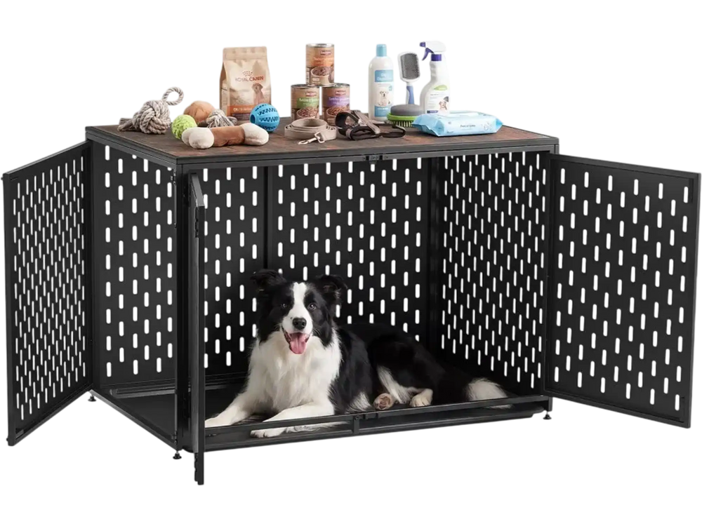 VEVOR Dog Crate Furniture, 42 Inch Heavy Duty Dog Kennel Furniture Indoor for Small & Medium Dogs, Steel Decorative Pet Cage House End Table with 3 Doors, Detachable Tray & Escape-Proof Locks, Black