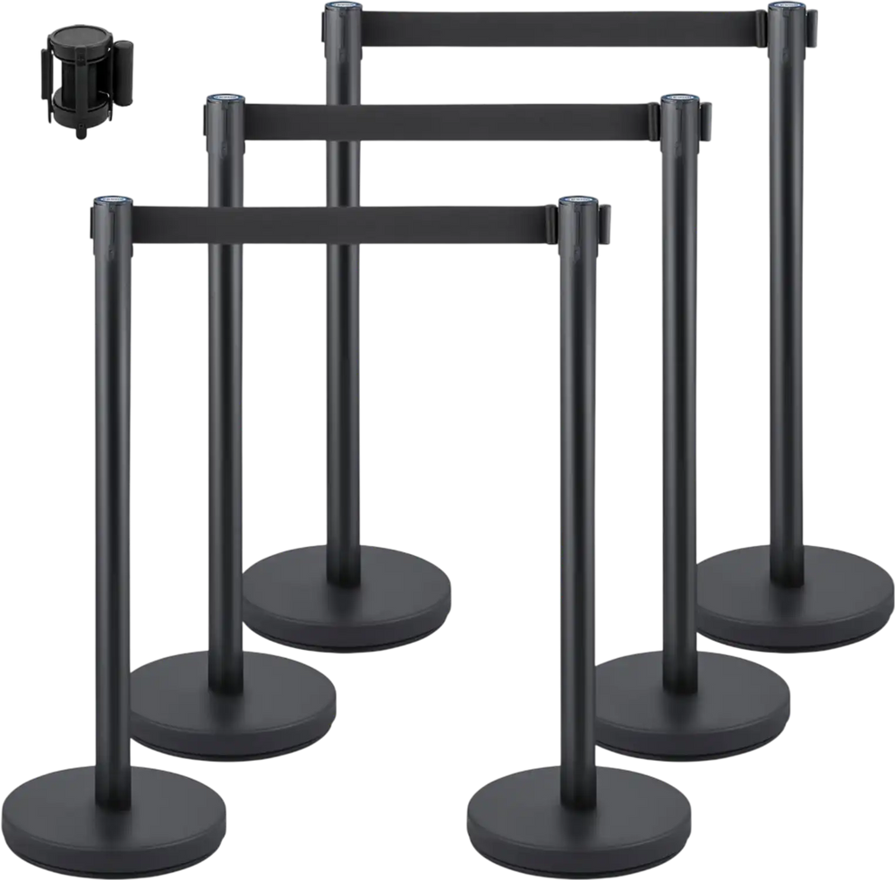 VEVOR Crowd Control Stanchion, Set of 6 Pieces Stanchion Set, Stanchion Set with 6.6 ft/2 m Black Retractable Belt, Black Crowd Control Barrier with Concrete and Metal Base - Easy Connect Assembly