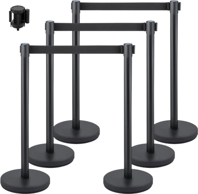 Vevor Stanchion Set 6-Piece 6.6' Black Retractable Belt Crowd Control Barrier New