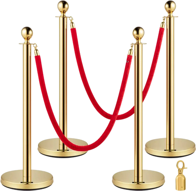 Vevor Crowd Control Stanchion Gold 4-Piece Set with 5' Red Velvet Rope New