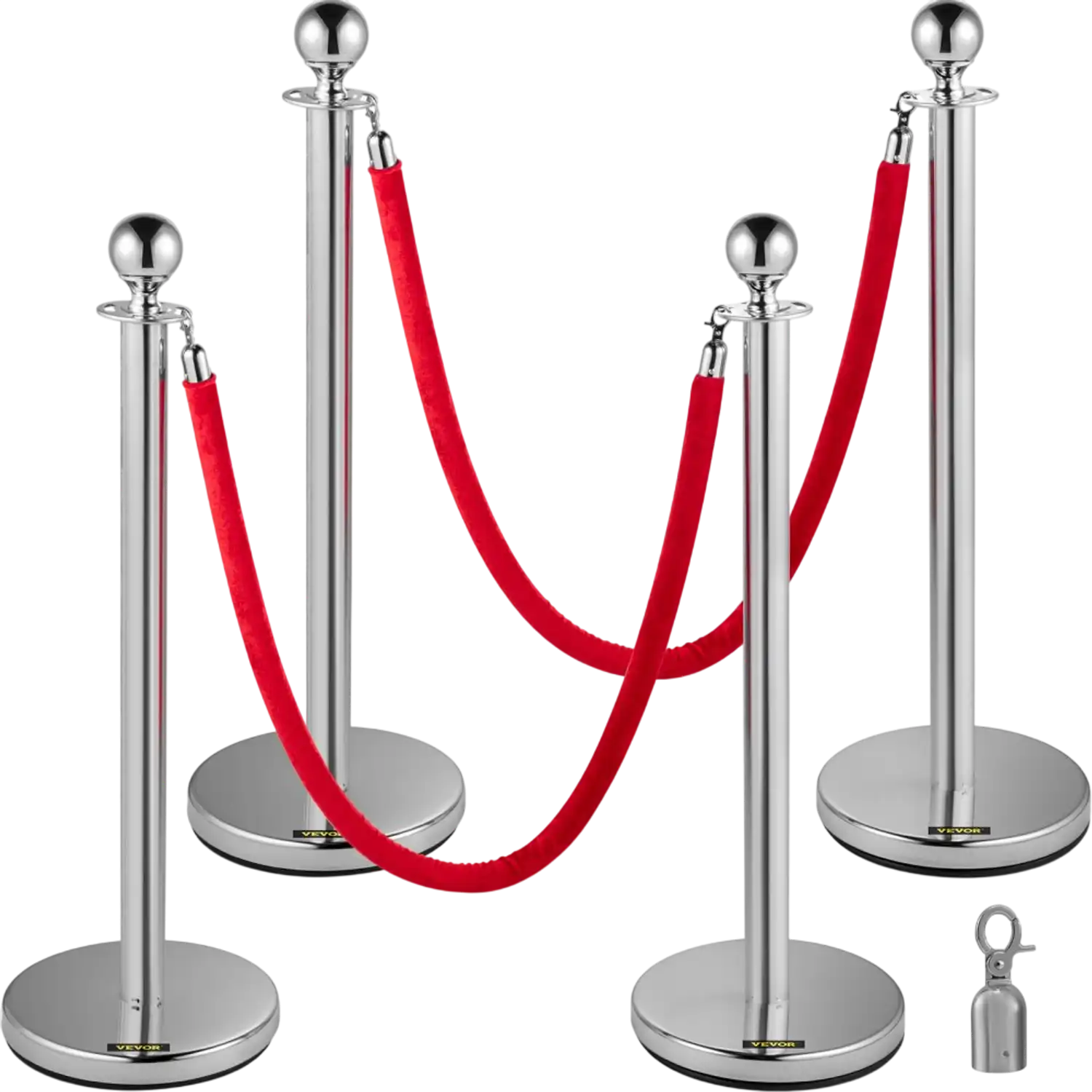 Vevor Crowd Control Stanchions 4-Pc Silver Posts with Red Velvet Ropes ...